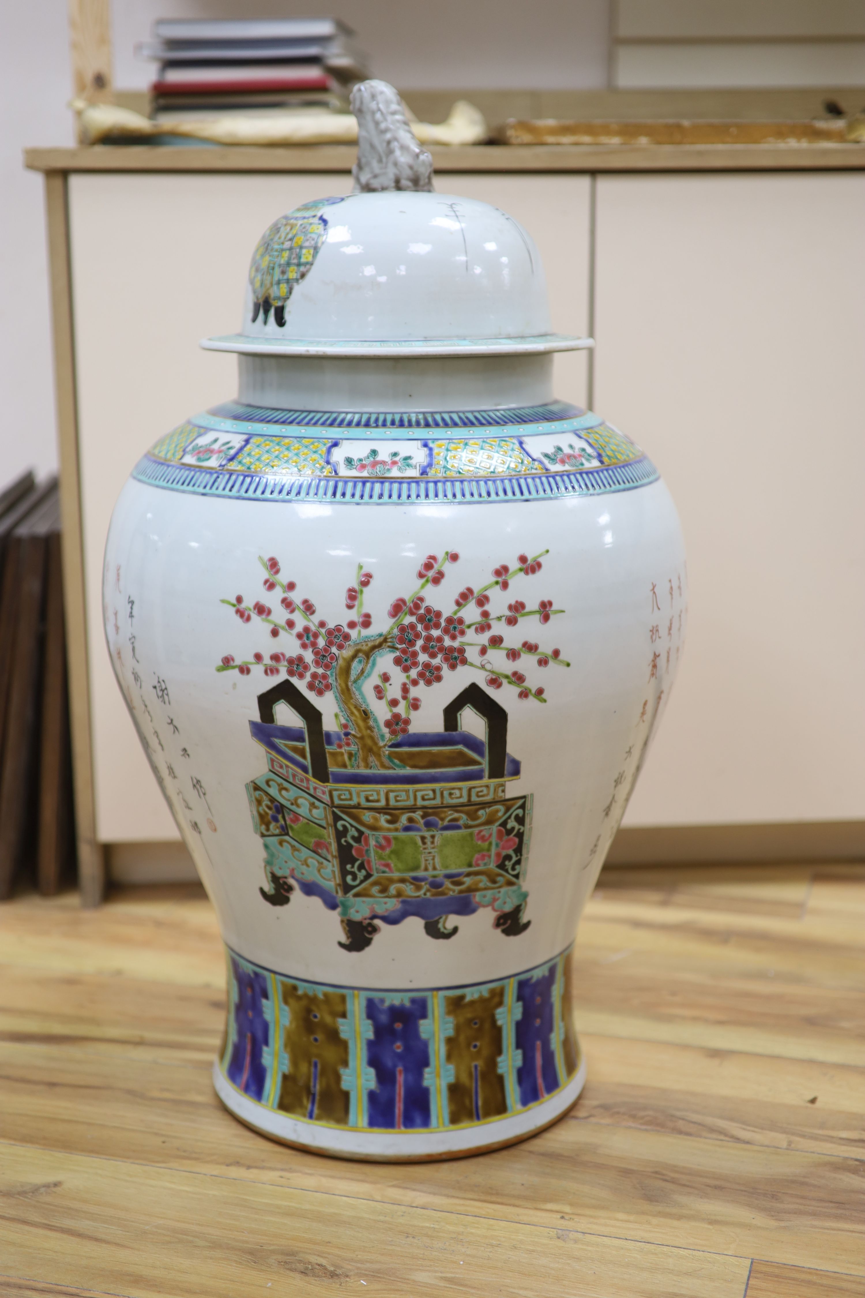 A large Chinese famille rose baluster vase and cover, height 78cm